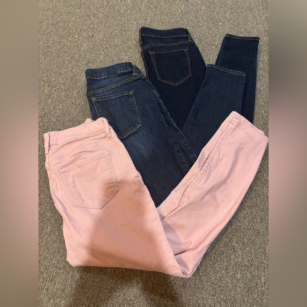3 Pairs Old Navy Mid Rise Rockstar Super Skinny Jeans 2 Pink Dark & Med Blue